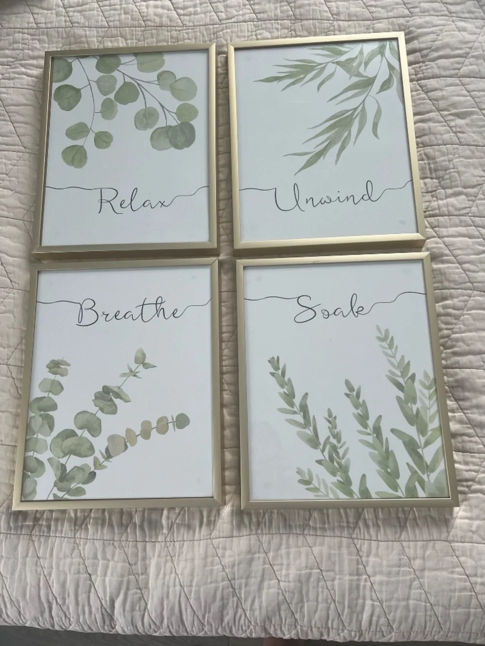 Gold-framed wall art, set of 4 (Relax, Breathe, Soak & Unwind)